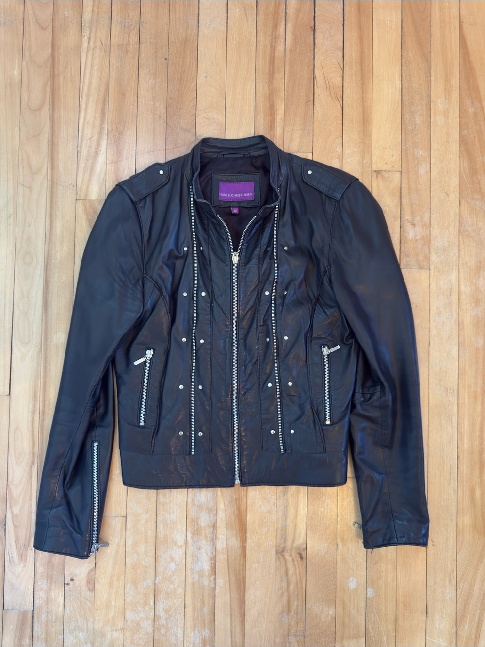 Bod & Christensen Black Leather Moto Jacket Size Medium